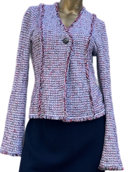 St. John Jackets & Blazers - St. John Textured Knit Fringe Trim Jacket White Red Blue Novelty Weave Blazer